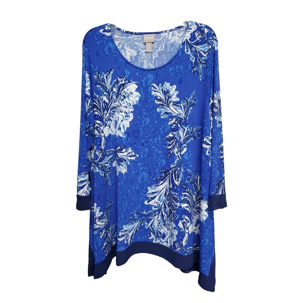 Chico's Blue Floral Scoop Neck Handkerchief Hem Artsy Lagenlook Tunic Sz 3 (XL)